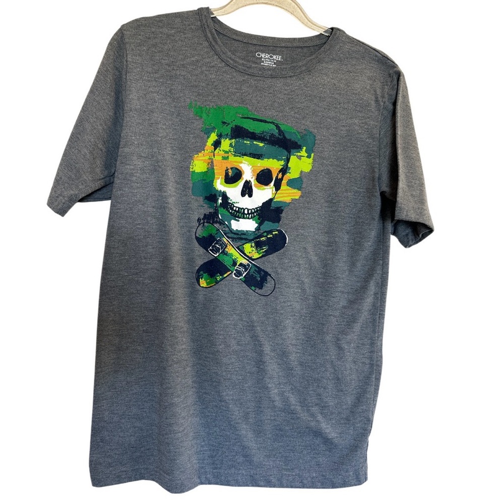 Cherokee gray crewneck t-shirt brushstroke skull graphic over skateboard Boy XL